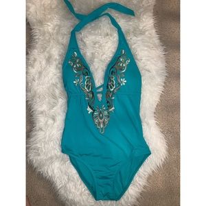Teal One-Piece with Gold Detail